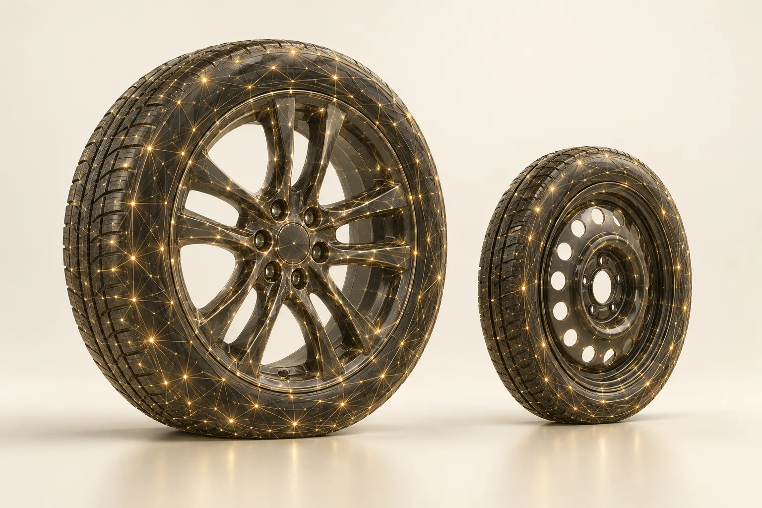 A full-size wheel and a small space-saver spare wheel