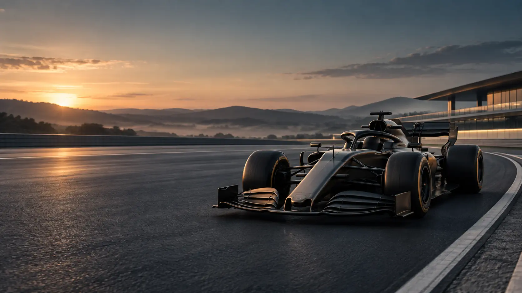A Formula 1 car on a circuit at dusk